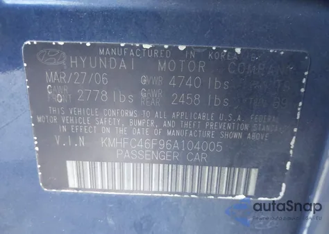 2006 Hyundai Azera Limited/Se z USA, uszkodzony, nr VIN KMHFC46F96A104005